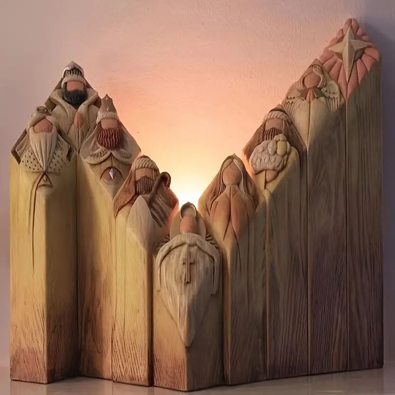 9-Piece Carved Nativity Scene Pillars, Inspirational Religious Sculpture Home Decor