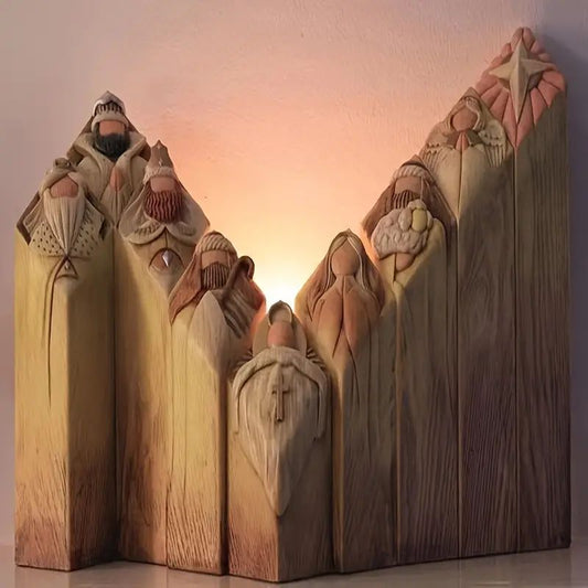 9-Piece Carved Nativity Scene Pillars, Inspirational Religious Sculpture Home Decor